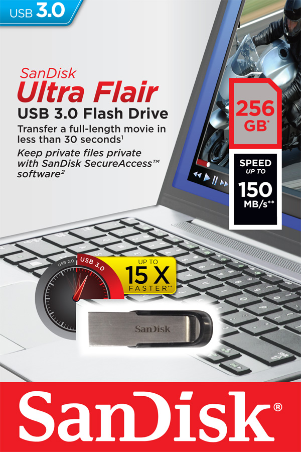 USB klíč SanDisk Ultra Flair, 256GB, USB 3.0-rychlost 150 MB/s (SDCZ73-256G-G46)