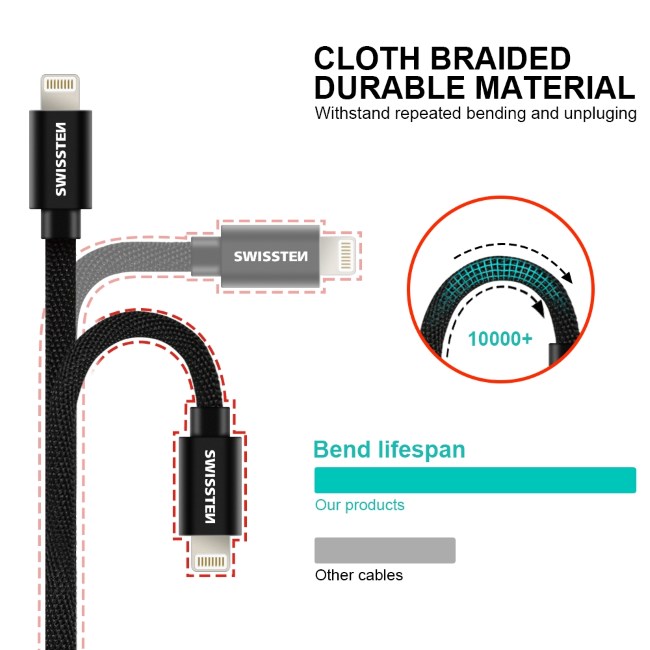 Datový kabel Swissten textilní s USB-C + Lightning konektory a podporou rychlonabíjení, Silver