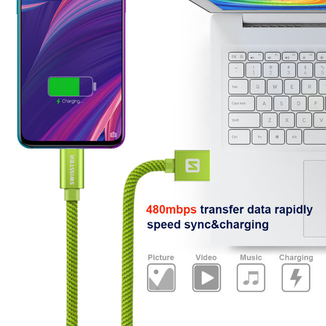 Datový kabel Swissten textilní s USB-C konektorem a podporou rychlonabíjení, Green