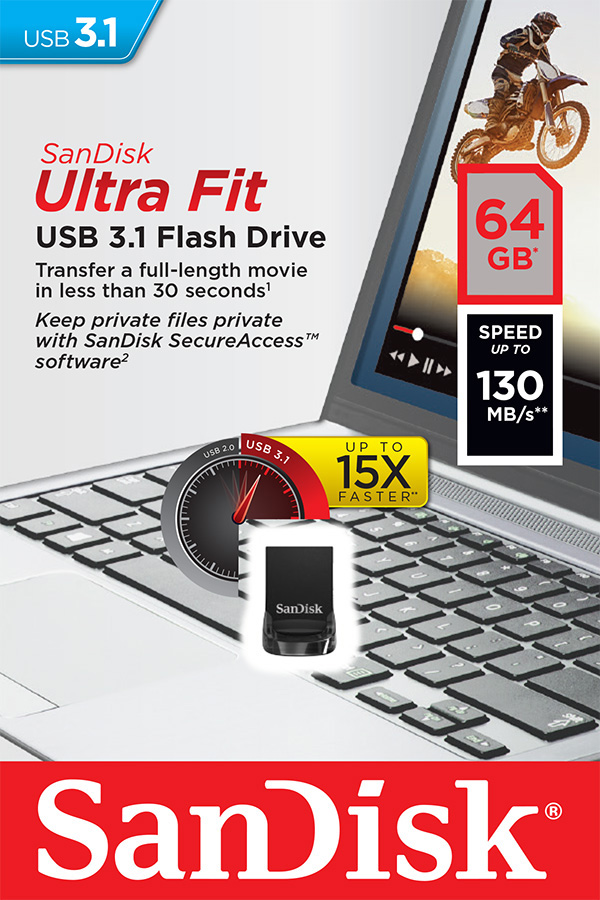 USB klíč SanDisk Ultra Fit, 64GB, USB 3.1-rychlost 130MB/s (SDCZ430-064G-G46)
