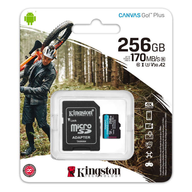 Kingston Canvas Go Plus Micro SDXC 256GB + SD adaptér, UHS-I U3 A2, Class 10 - rychlost 170/90 MB/s)