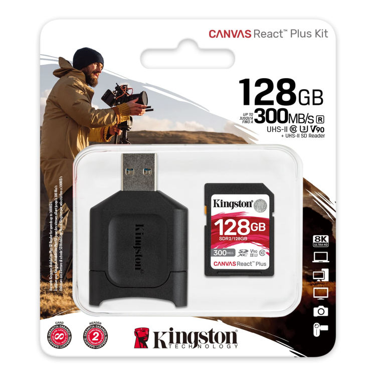 Kingston Canvas React Plus Secure Digital SDXC + čtečka, UHS-II U3 128GB | Class 10, rychlost 300/260MB/s (MLPR2/128GB)