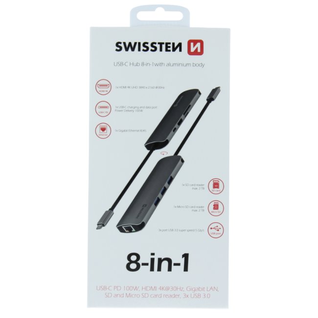Hliníkový USB-C HUB Swissten 8-in-1 (USB-C PD, HDMI, LAN, 3x USB 3.0, SD, MicroSD)